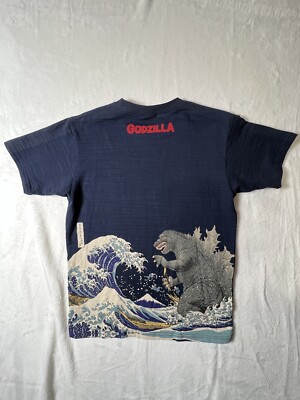 Godzilla Men’sT Shirt Hokusai Wave Mt Fuji Graphic Blue Short Sleeve Size Large-image