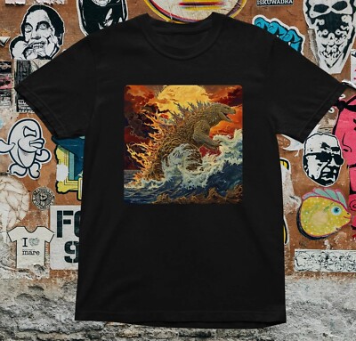 Godzilla T Shirt Japanese Wave Art Style Fire Ocean Monster Print Retro T-Shirt-image
