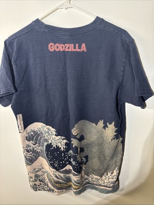 Godzilla x Ukiyoe Great Waves Japan Vintage Style Medium Navy T- Shirt-image