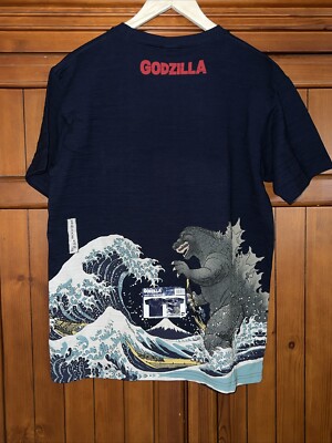 NWT  XL Godzilla Ukiyoe Japan T-Shirt Hokusai Traditional Wagare Navy Ltd Rare-image