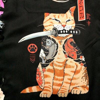 Last 1 Piece A Little Scary Cat Ramen Godzilla Pattern Short Sleeve Shirt L Size-image