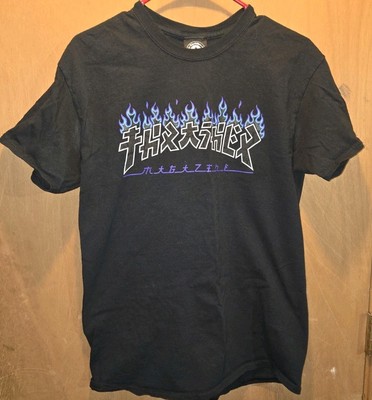 THRASHER MAGAZINE FLAME FIRE TEE T-SHIRT Godzilla Charred Medium M Black Blue-image