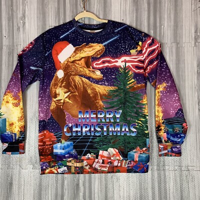 Fire breathing Dragon Godzilla Youth 2XL Mens Large Stretch Christmas Shirt-image