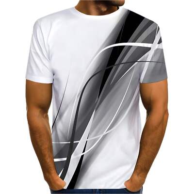 Men's Summer Loose Fit Short Sleeve Striped T-Shirt in Gray Blue and Red - Light-image