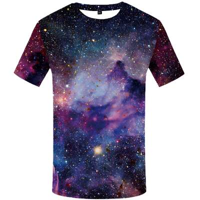 Galaxy Themed 3D Printed Round Neck Short Sleeve T-Shirt in Purple for Casual St-image