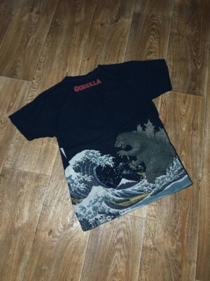 Godzilla x Ukiyoe Discharge T-shirt Great Waves Mt.Fuji Black Navy Blue S Japan-image