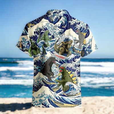 American Godzilla Lover Hawaiian Shirt For Men, Funny Godzilla Surfing Hawaiian-image