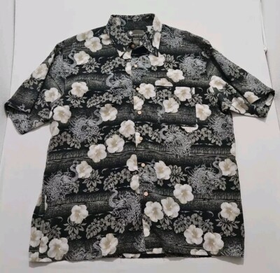 Extreme Gear Hawaiian Men’s Shirt Dragons Black & Gray Hibiscus Flowers XL-image