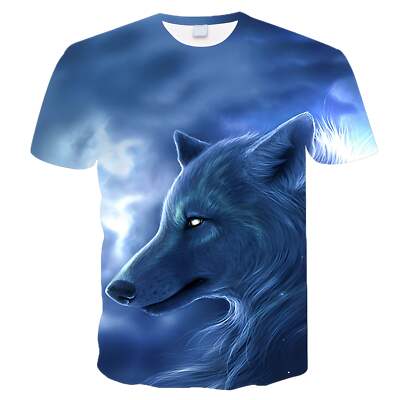 Cartoon Summer Wolf 3D Digital Print Short Sleeve T-Shirt for Men and Women in B-image