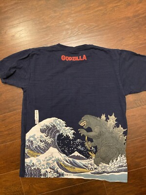 Godzilla Wave Mt. Fuji graphic Tee shirt by Toho 100% heavyweight cotton XL Navy-image