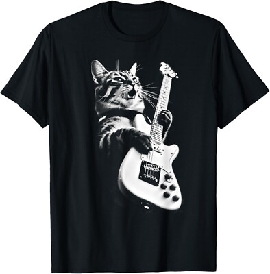 Rock Cat Playing Guitar - Funny Guitar Cat T-Shirt-image