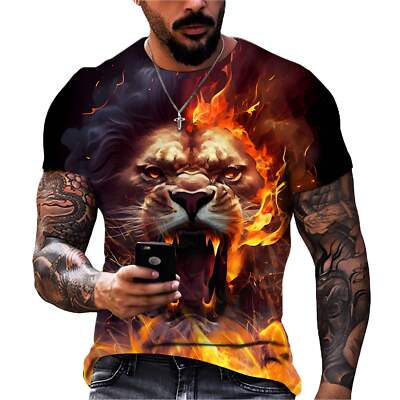 3D Printed Cartoon Lion Men's T-Shirt for Summer - Regular Sleeve Polyester Fibe-image