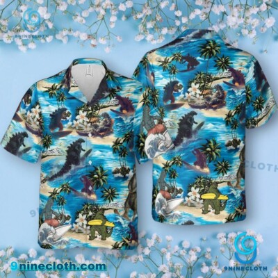 Godzilla Surfing Hawaiian Button Down Shirt Unisex Adults S-5XL-image