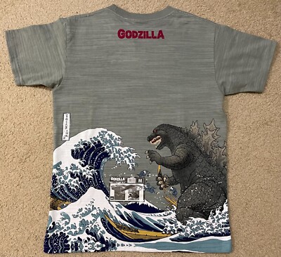 Official Godzilla Ukiyoe Tomo Co. T-Shirt M Gray Double-Sided Mt. Fuji Wave NWT-image