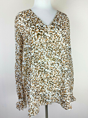 NEW Calvin Klein Leopard Print Blouse M Beige Ruffle Long Sleeve M9HAZ543 Tunic-image