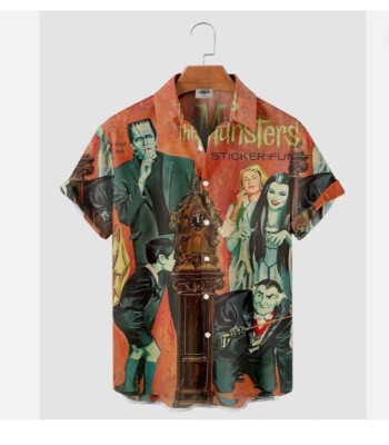 Halloween The Munsters Frankenstein Cartoon Print Unisex Button Hawaiian Shirt-image