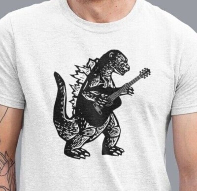 Cool Guitar T Shirt Vintage Godzilla Acoustic Electric Bass Dinosaur Cool Tee-image