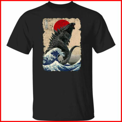 Godzilla and the Wave Funny Tee Gift Black Cotton T-Shirt S-5XL-image