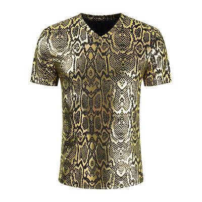 Men's Slim Fit V-Neck T-Shirt with Snake Print in Golden Silver for Summer Stree-image
