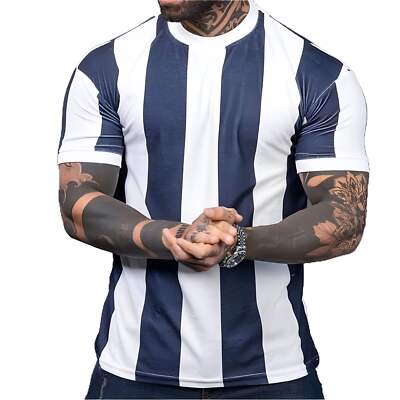 Men's Casual Slim Fit Round Neck Short Sleeve T-shirt in Light and Dark Blue Str-image