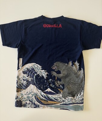 Godzilla Navy Blue Cotton T-shirt Ukiyoe Wave Print Size M-image
