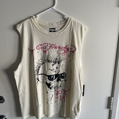 Vtg Y2K Style Ed Hardy Destroy Punks Not Dead Tattoo Tee Tank Skull Sz L-image