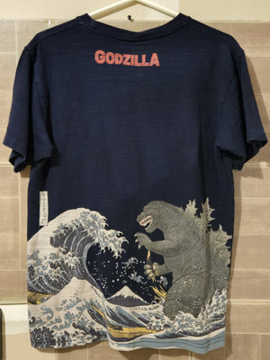 Godzilla Shirt Mens Size L Blue TOHO Co Ukiyoe Wave Attack Japan Large-image