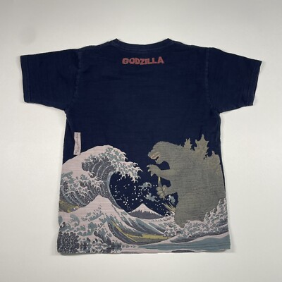 Godzilla Shirt Men’s Medium Navy Blue Short Sleeve Graphic Tee The Great Wave-image