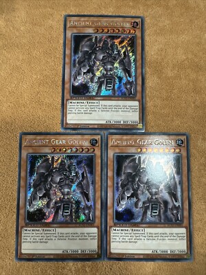 🔥 3X YUGIOH ANCIENT GEAR GOLEM SECRET RARE SGX1-END01 1ST ED SPEED DUEL PLAYSET-image
