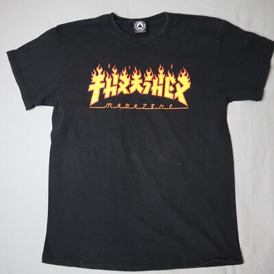 Thrasher Godzilla T Shirt Mens medium Black Charred Skate Flame Punk Distressed-image