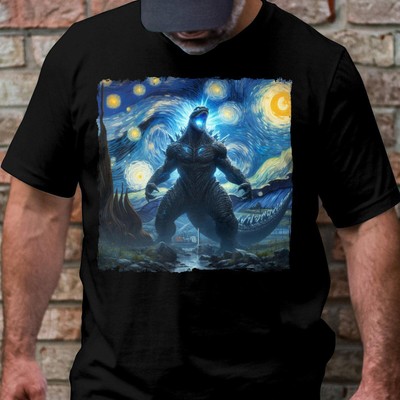 Starry Night Godzilla T-Shirt, Unique Art Graphic Tee, Sci-Fi Monster Shirt, #26-image