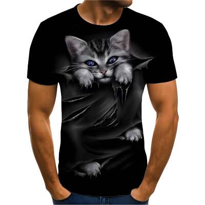 Men's Casual 3D Digital Printed Cat Short Sleeve T-Shirt in Cotton - Summer Temp-image