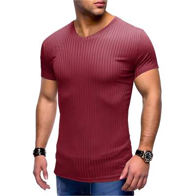 Slim Fit V-Neck Men's Short Sleeve T-Shirt in Jacquard Style - Available in Khak-image