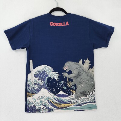 Godzilla Boys Medium T-Shirt Navy Blue Wave Ukiyoe Graphic Short Sleeve-image