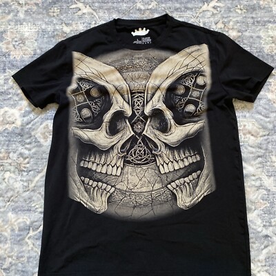Unique Heads or Tails rhinestone graphic 2 skulls t-shirt Rock Punk Music Sz L-image