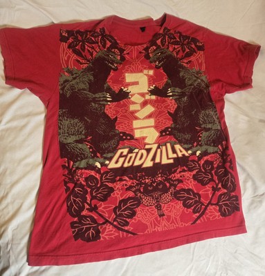 Vintage 2009 Godzilla Toho Red T Shirt Dual Image Floral Geo Background Sz Large-image