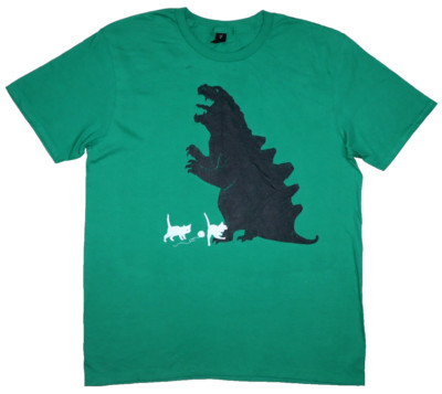 GODZILLA VS CATS Size L Shirt FUNNY Custom Tee BITING FOOT ROARING READ-image
