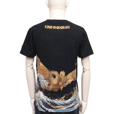 Godzilla King Ghidorah Japanese Ukiyoe T-shirt short sleeve color navy fashion-image