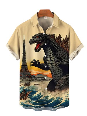Classic Japanese Monster Movie Godzilla Cool Print Buttoned Hawaiian Lapel Shirt-image