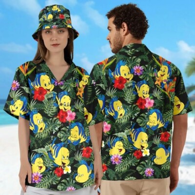 Cute Flounder Fish The Little Mermaid Tropical Hibiscus Flowers Hawaiian Shirt -image