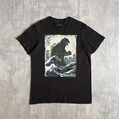 Godzilla 00s TShirt Mount Fuji UkiyoE Cotton Black Size M Used-image