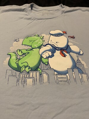 Stay Puft Marshmallow Man Vs Godzilla T-shirt XL BLUE GHOSTBUSTERS-image