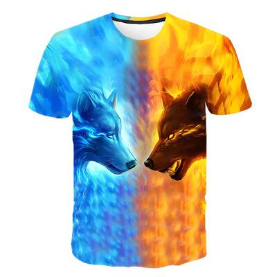 Cartoon Wolf Design 3D Digital Print Loose Fit Short Sleeve T-Shirt for Men in M-image