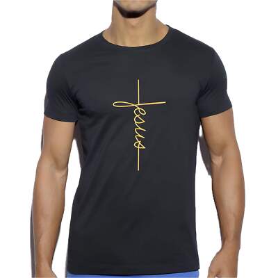Men's Slim Fit Short Sleeve T-Shirt with Jesus Christ Cross Graphic Design - Rou-image