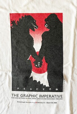 Unisex XL white t-shirt with Godzilla and King Kong holding hands graphic image-image