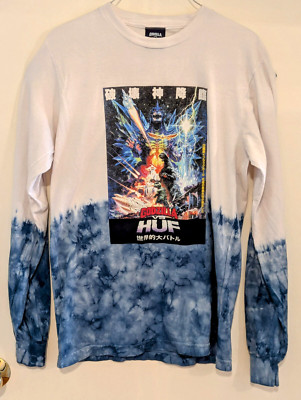 Godzilla vs Huf Long Sleeve Mens Shirt Size Small All Cotton Blue White-image