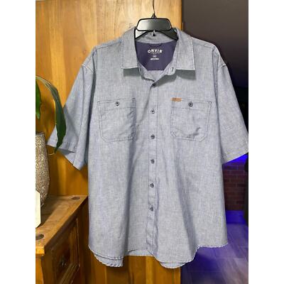 Orvis Shirt Mens XXL Blue Button Up Short Sleeve Pockets Logo Outdoor Casual-image
