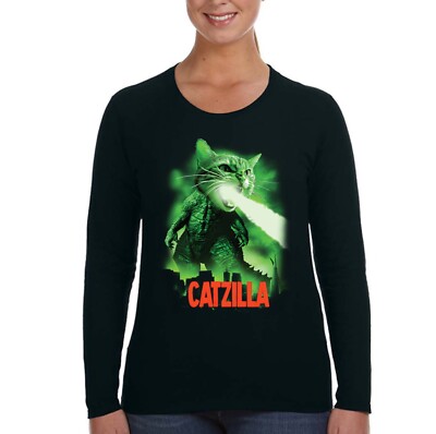 XtraFly Apparel Women's Catzilla Cat Pet Monster Godzilla Long Sleeve T-Shirt-image
