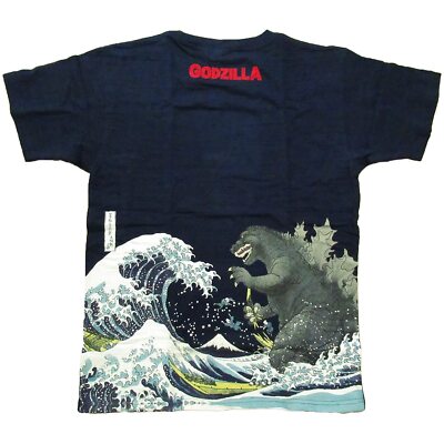 GODZILLA Dyed T-Shirt Navy M (L26xW19) Japanese Ukiyo-e Fugaku Tsunami & Mt.Fuji-image