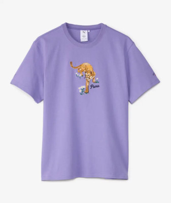 Puma X Noah Graphic Tee Shirt Embroidered Cat Flower Lavender Alert Men's Large-image